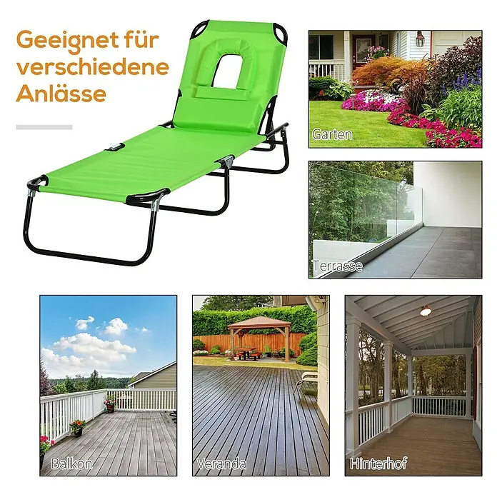 Outsunny Gartenliege - B x T: 56 x 190 cm, Grün, Polyester, Rückenlehne verstellbar - Grüne klappbare Liege mit Gesichtsausschnitt im Kopfteil, ideal für verschiedene Outdoor-Anlässe wie Garten, Terrasse und Balkon.