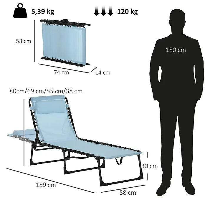 Outsunny Gartenliege - B x T: 58 x 189 cm, Türkis, Stahl, Rückenlehne verstellbar - Hellblauer Klappliegestuhl mit schwarzem Gestell. Ausgeklappt: 189x58 cm, Sitzhöhe 30 cm. Zusammengeklappt: 74x58x14 cm. Wiegt 5,39 kg, max. Belastung 120 kg.