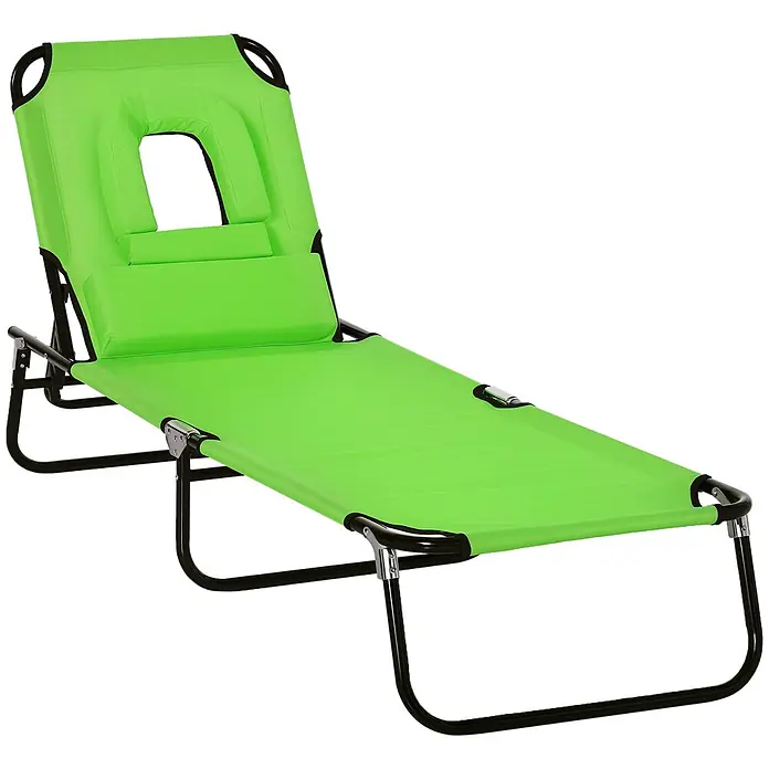 Outsunny Gartenliege - B x T: 56 x 190 cm, Grün, Polyester, Rückenlehne verstellbar - Leuchtend grüner klappbarer Strandliegestuhl mit schwarzem Metallrahmen und integrierter Gesichtsöffnung im Kopfteil.