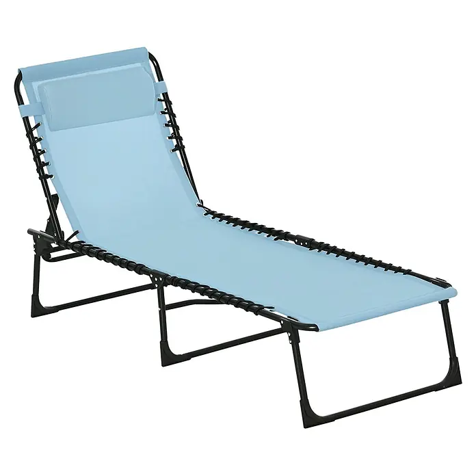 Outsunny Gartenliege - B x T: 58 x 189 cm, Türkis, Stahl, Rückenlehne verstellbar - Hellblauer klappbarer Liegestuhl mit schwarzem Gestell, elastischer Kordelaufhängung und Kopfstütze.