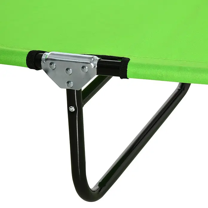 Outsunny Gartenliege - B x T: 56 x 190 cm, Grün, Polyester, Rückenlehne verstellbar - Detail aus grünem Stoff und schwarzem Metallrahmen eines Klappmöbels, verbunden durch ein silbernes Gelenk.