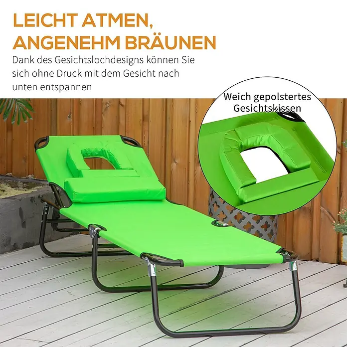 Outsunny Gartenliege - B x T: 56 x 190 cm, Grün, Polyester, Rückenlehne verstellbar - Hellgrüne Sonnenliege mit gepolstertem Gesichtskissen und Gesichtsöffnung für bequemes Liegen auf dem Bauch.