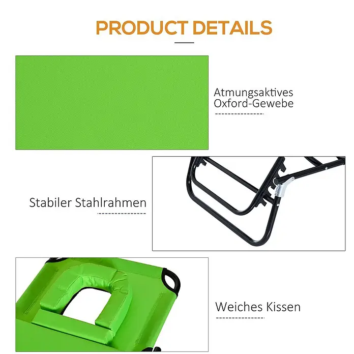 Outsunny Gartenliege - B x T: 56 x 190 cm, Grün, Polyester, Rückenlehne verstellbar - Grüner Outdoor-Liegestuhl: atmungsaktives Oxford-Gewebe, stabiler schwarzer Stahlrahmen und weiches Kissen für Komfort.