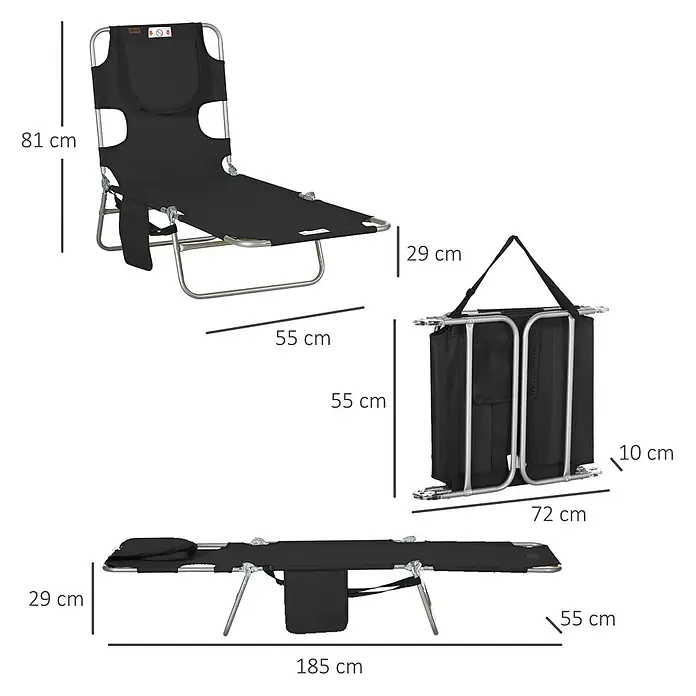 Outsunny Gartenliege - B x T: 55 x 185 cm, Schwarz, Polyester, Klappbar - Schwarzes klappbares Campingbett/Liege mit silbernem Gestell, offen, geneigt und zusammengeklappt mit Maßen.