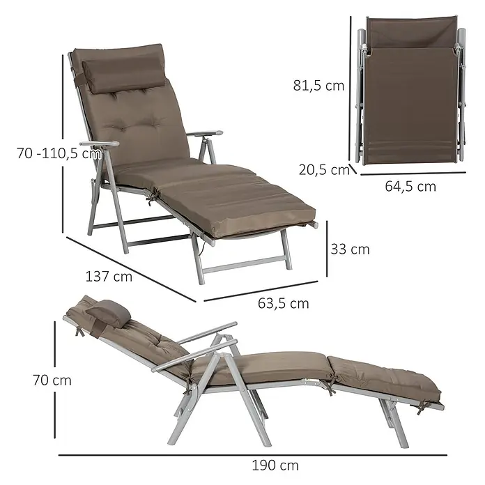 Outsunny Gartenliege - B x T: 63,5 x 190 cm, Braun, Metall, Rückenlehne verstellbar - Braune gepolsterte verstellbare Sonnenliege mit grauem Metallgestell, ausgeklappt und zusammengeklappt mit Maßen.