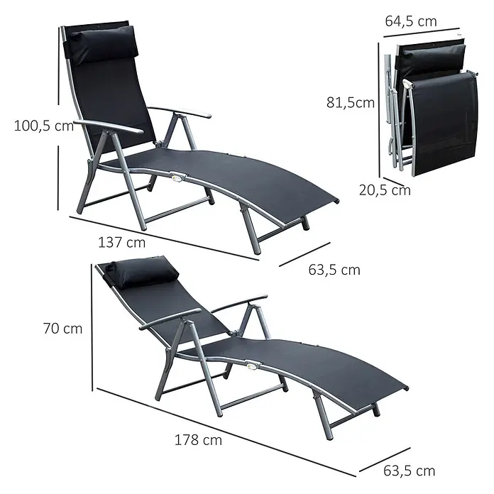Outsunny Gartenliege - Schwarz, Metall, Rückenlehne verstellbar - Schwarze Sonnenliege mit silbernem Gestell, liegend und zusammengeklappt mit Maßen gezeigt, verstellbar und platzsparend.