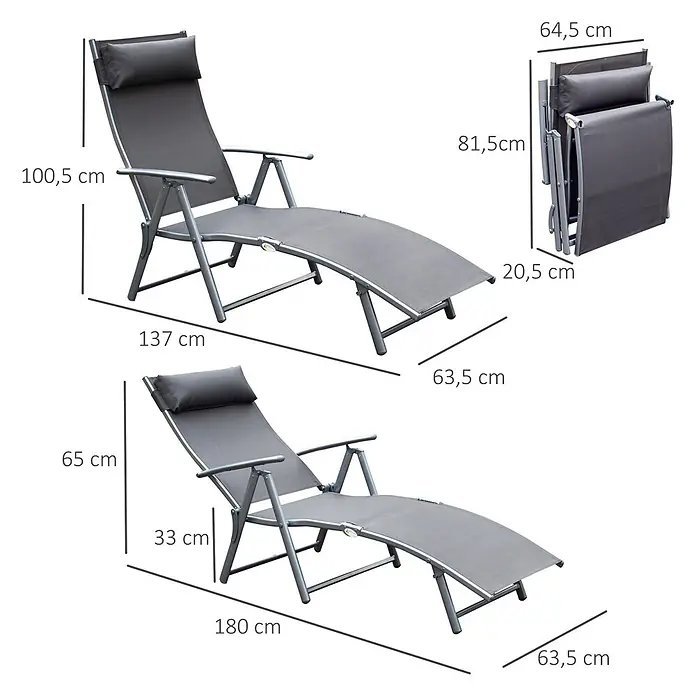 Outsunny Gartenliege - Grau, Metall, Rückenlehne verstellbar - Graue, verstellbare klappbare Sonnenliege mit Kopfstütze, zeigt ausgeklappte und zusammengeklappte Maße.
