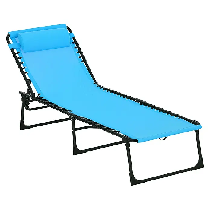Outsunny Gartenliege - B x T: 58 x 189 cm, Blau, Stahl, Rückenlehne verstellbar - Blaues Strandliegebett mit schwarzem Metallrahmen und Bungee-Seil-Aufhängung.