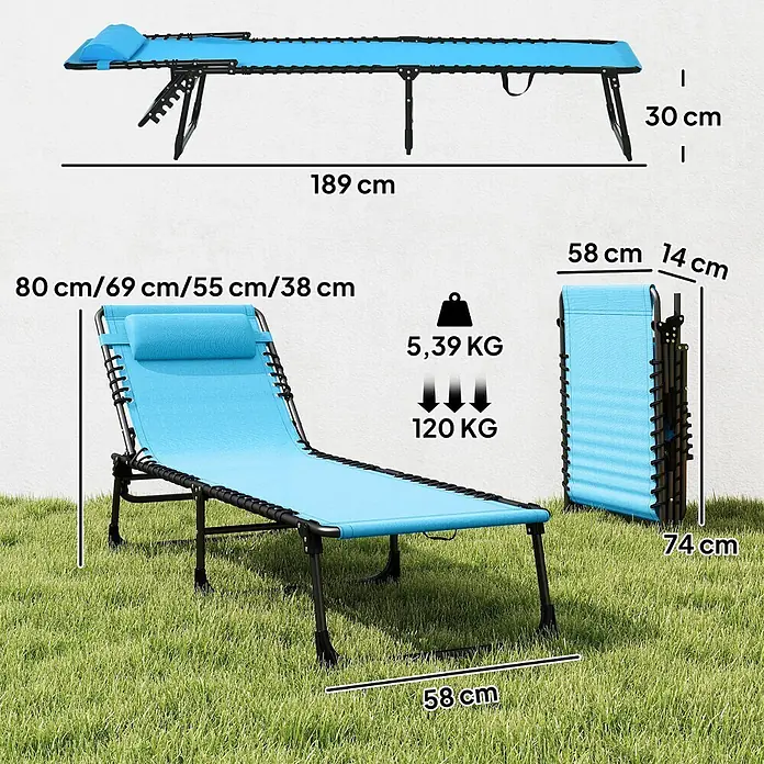 Outsunny Gartenliege - B x T: 58 x 189 cm, Blau, Stahl, Rückenlehne verstellbar - Blaues klappbares Campingbett/Liegestuhl mit schwarzem Rahmen, geöffnet (189x58x30cm) und gefaltet (74x58x14cm) gezeigt, verstellbare Rückenlehne, 120kg Kapazität.