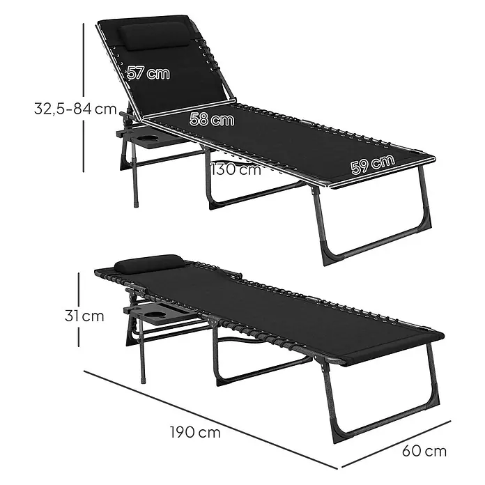 Outsunny Gartenliege - B x T: 60 x 190 cm, Schwarz, Stahl, Rückenlehne verstellbar - Schwarze verstellbare Sonnenliege aus Textilgewebe und Metallrahmen. Maße: 190 cm lang, 60 cm breit, 31-84 cm hoch.