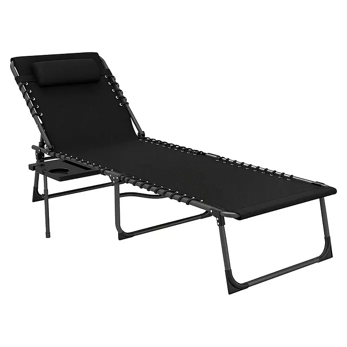 Outsunny Gartenliege - B x T: 60 x 190 cm, Schwarz, Stahl, Rückenlehne verstellbar - Schwarzer Zero-Gravity-Liegestuhl mit Netzgewebe, verstellbarem Kopfkissen und einem Seitenfach mit Getränkehaltern.