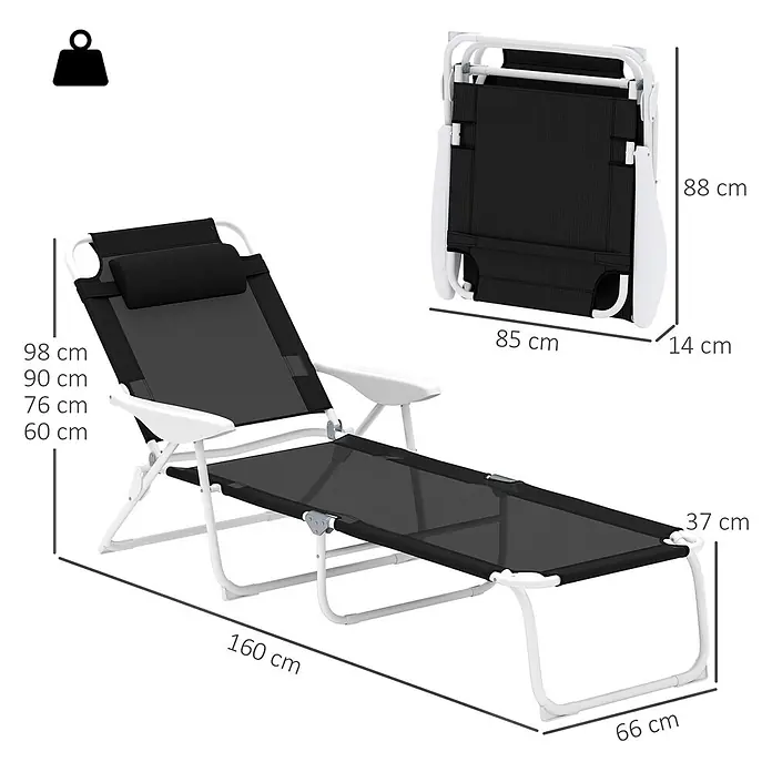 Outsunny Gartenliege - Schwarz, Metall, Rückenlehne verstellbar - Schwarze Netzstoff-Sonnenliege mit weißem Gestell, aufgeklappt (160x66x98 cm) und zusammengeklappt (85x14x88 cm) mit Maßen dargestellt.