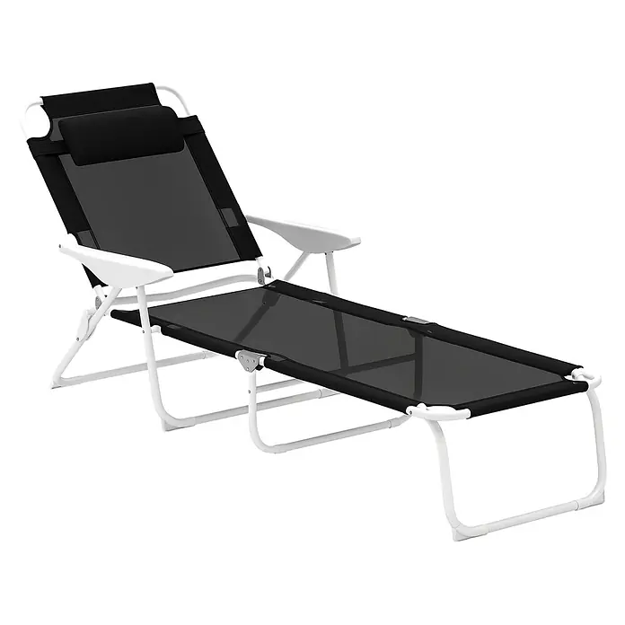 Outsunny Gartenliege - Schwarz, Metall, Rückenlehne verstellbar - Verstellbare schwarze Netz-Liege mit weißem Rahmen und schwarzem Kopfkissen für Entspannung im Freien.