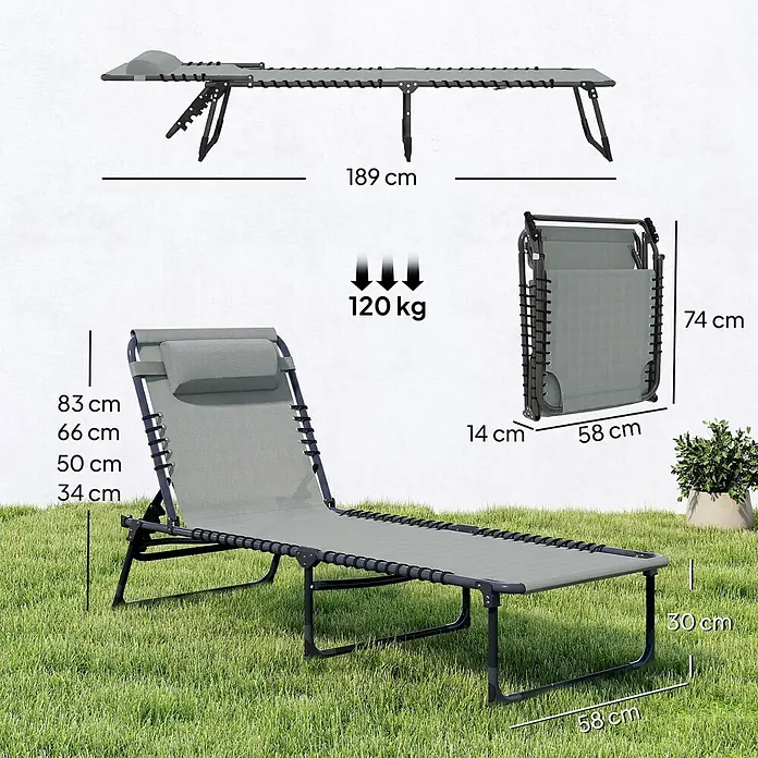 Outsunny Gartenliege - B x T: 58 x 189 cm, Grau, Stahl, Klappbar - Graue klappbare Sonnenliege mit schwarzem Gestell, zeigt ihre Maße und 120 kg Tragkraft.