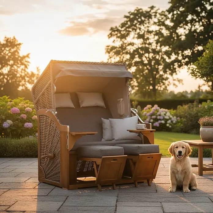 Bene Living Strandstuhl Strandkorb Schleswig Pinie Braun PE Mokka Dessin 558 - Pinienholz. Polyrattan, Rückenlehne verstellbar, PE Mokka, B x T x H: 120 x 80 x 160 cm - Geflochtener Strandkorb mit Holzrahmen und grauen Polstern auf einer Terrasse, mit einem Golden Retriever Welpen daneben. Abendlicht.