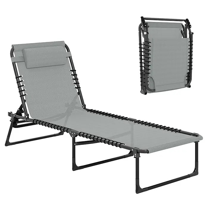 Outsunny Gartenliege - B x T: 58 x 189 cm, Grau, Stahl, Klappbar - Graue klappbare Liege mit schwarzem Gestell und Kopfkissen, ausgeklappt und zusammengeklappt gezeigt.