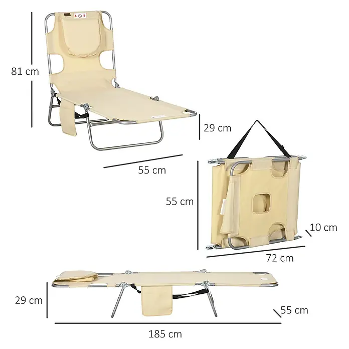 Outsunny Gartenliege - B x T: 55 x 185 cm, Beige, Polyester, Rückenlehne verstellbar - Beige klappbare Campingliege mit Metallrahmen, ausgeklappt, geneigt und zusammengefaltet dargestellt, zeigt ihre Tragbarkeit und verstellbaren Funktionen.