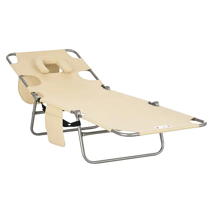 Outsunny Gartenliege - B x T: 55 x 185 cm, Beige, Polyester, Rückenlehne verstellbar - Beigefarbener klappbarer Sonnenliege mit U-förmiger Kopfstütze, Seitentaschen und grauem Metallrahmen.