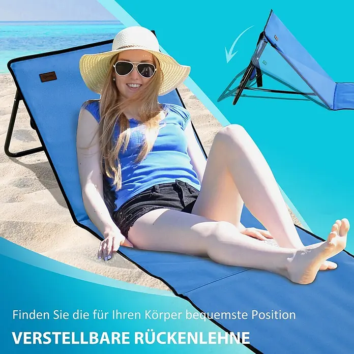 Outsunny Gartenliegen-Set - Blau, Stahl, Klappbar - Blaue Strandmatte mit verstellbarer Rückenlehne, von einer Frau bequem am Strand genutzt.