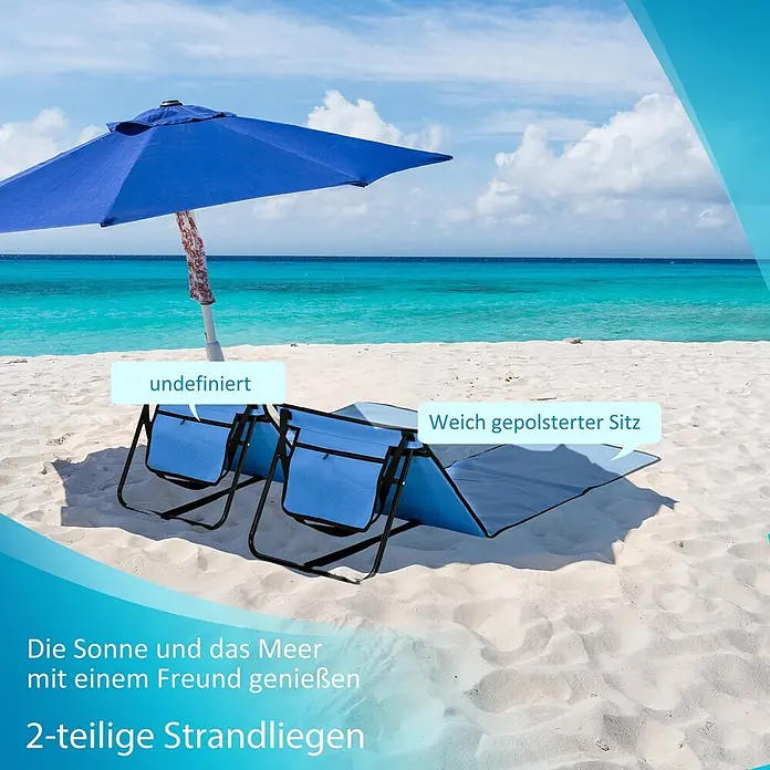 Outsunny Gartenliegen-Set - Blau, Stahl, Klappbar - Zwei blaue gepolsterte Strandliegen am Sandstrand, ideal zum Entspannen.