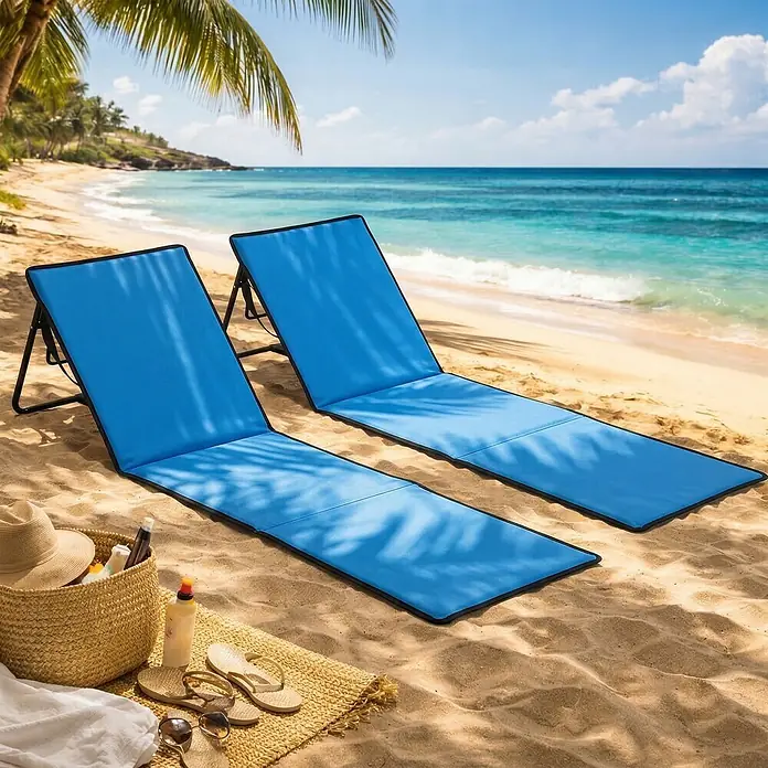 Outsunny Gartenliegen-Set - Blau, Stahl, Klappbar - Zwei blaue klappbare Strandliegen mit schwarzen Rahmen an einem Sandstrand am Meer.