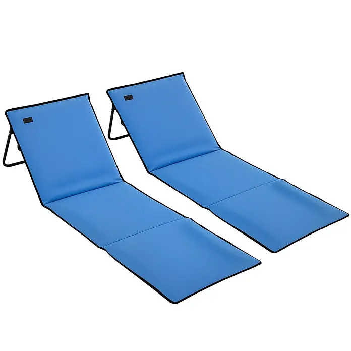 Outsunny Gartenliegen-Set - Blau, Stahl, Klappbar - Zwei blaue gepolsterte klappbare Strandliegen mit schwarzem Rand und Rahmen.