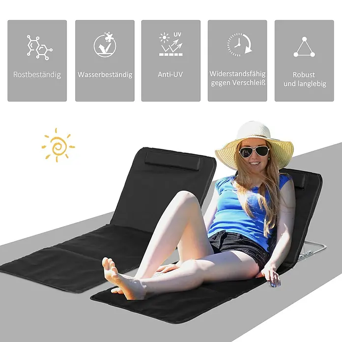Outsunny Gartenliegen-Set - B x T: 48 x 134 cm, Schwarz, Stahl, Klappbar - Eine Frau entspannt auf einer schwarzen Strandmatte mit Kopfstütze. Icons zeigen rostbeständige, wasserbeständige, UV-beständige, verschleißfeste und robuste Eigenschaften.