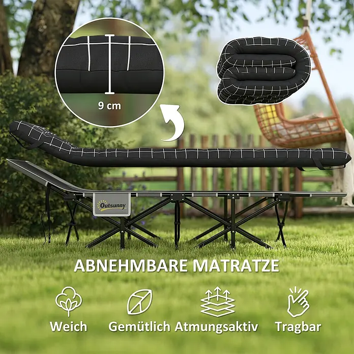 Outsunny Campingliege - Schwarz, Metall - Schwarze, 9 cm dicke, abnehmbare Matratze mit weißem Karomuster, auf einem Feldbett im Freien gezeigt und zum Transport zusammengerollt. Weich und atmungsaktiv.