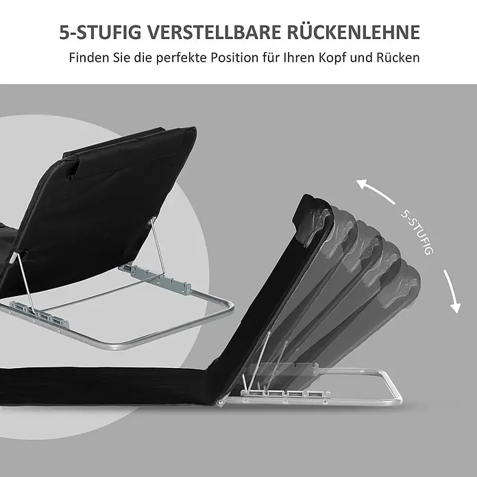 Outsunny Gartenliegen-Set - B x T: 48 x 134 cm, Schwarz, Stahl, Klappbar - Eine schwarze Rückenlehne aus Stoff mit Metallrahmen, die ihre 5-stufige Verstellbarkeit für Kopf und Rücken zeigt.