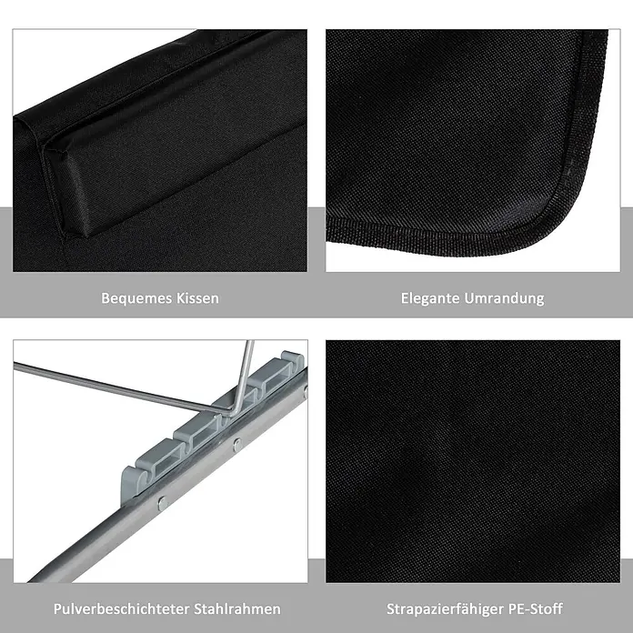 Outsunny Gartenliegen-Set - B x T: 48 x 134 cm, Schwarz, Stahl, Klappbar - Schwarzer PE-Stoff, bequemes Kissen, pulverbeschichteter Stahlrahmen, elegante Kanten.
