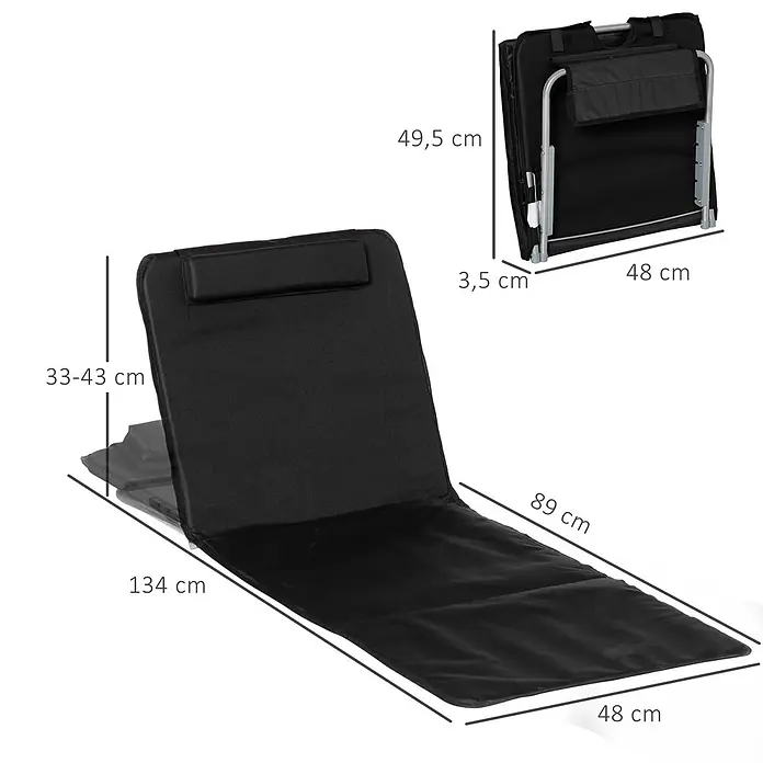 Outsunny Gartenliegen-Set - B x T: 48 x 134 cm, Schwarz, Stahl, Klappbar - Schwarze faltbare Strandmatte mit verstellbarer Rückenlehne. Maße ausgeklappt: 134x48 cm, Rückenhöhe 33-43 cm. Geklappt: 49,5x48x3,5 cm.
