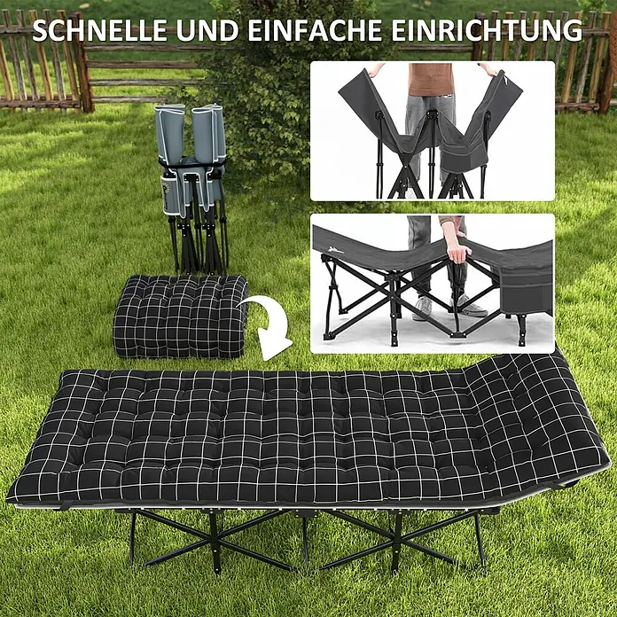 Outsunny Campingliege - Schwarz, Metall - Schwarze, karierte Matratze auf einem grauen, klappbaren Feldbett, mit schnellen Aufbauschritten dargestellt.