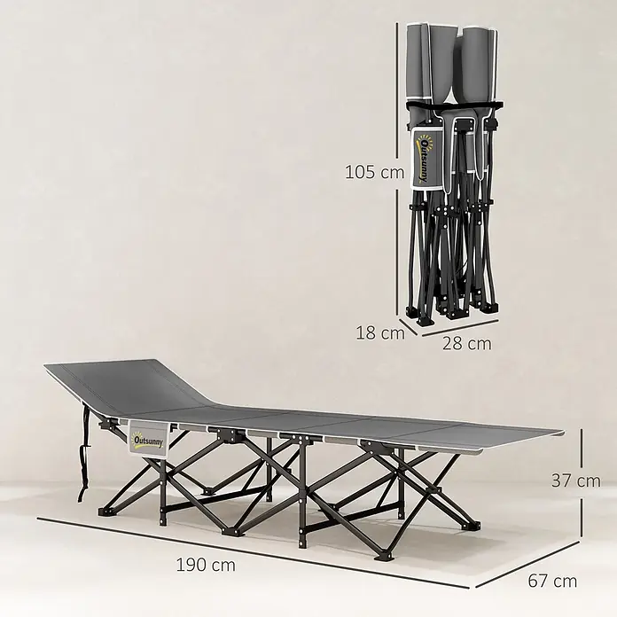 Outsunny Campingliege - Schwarz, Metall - Grau-schwarzes klappbares Feldbett, aufgeklappt (190x67x37 cm) und zusammengeklappt (105x28x18 cm) mit Maßen.