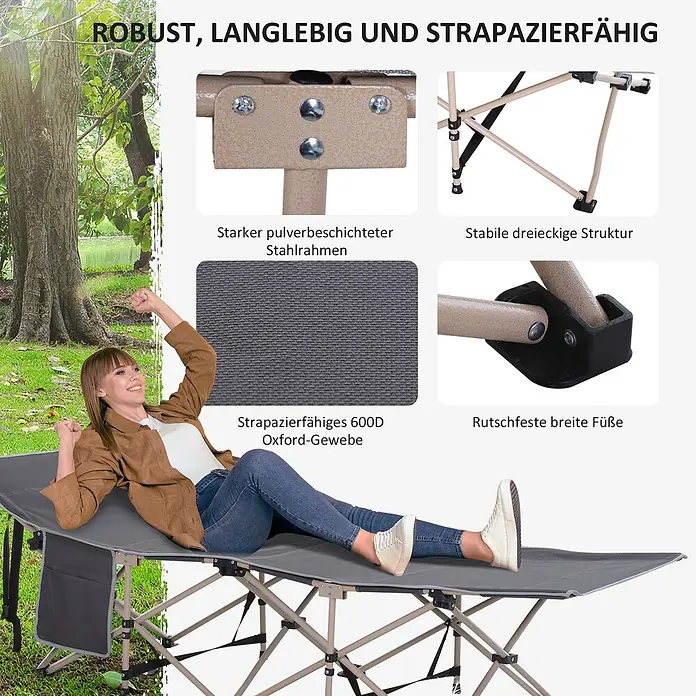 Outsunny Campingliege - Dunkelgrau, Stahl, Klappbar - Graue faltbare Campingliege mit robustem beigem Rahmen, strapazierfähigem Oxford-Gewebe und rutschfesten Füßen, darauf entspannt eine Frau im Freien.