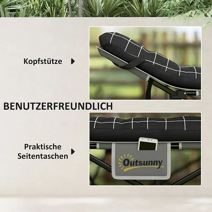 Outsunny Campingliege - Schwarz, Metall - Schwarzes Kissen mit weißem Karomuster, verstellbarer Kopfstütze und praktischen Seitentaschen mit Smartphone.