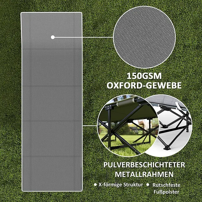 Outsunny Campingliege - Schwarz, Metall - Graues klappbares Feldbett aus 150GSM Oxford-Gewebe mit pulverbeschichtetem Metallrahmen, X-förmiger Struktur und rutschfesten Füßen.