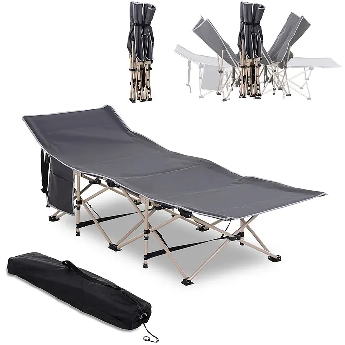 Outsunny Campingliege - Dunkelgrau, Stahl, Klappbar - Dunkelgraues klappbares Feldbett mit beigem Gestell, geöffnet, zusammengeklappt und mit schwarzer Tragetasche gezeigt. Es hat Seitentaschen.