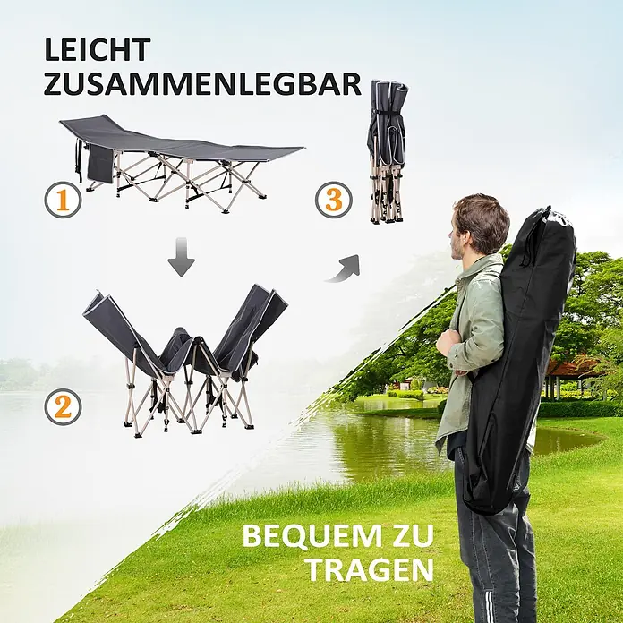 Outsunny Campingliege - Dunkelgrau, Stahl, Klappbar - Graues Campingbett, das offen, teilweise und kompakt gefaltet in einer Tasche von einem Mann im Park getragen wird.