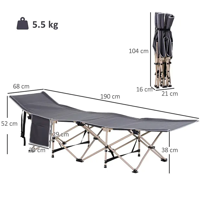 Outsunny Campingliege - Dunkelgrau, Stahl, Klappbar - Klappbare graue Campingliege mit beigem Gestell, zeigt ausgeklappte und zusammengeklappte Maße. Wiegt 5,5 kg.