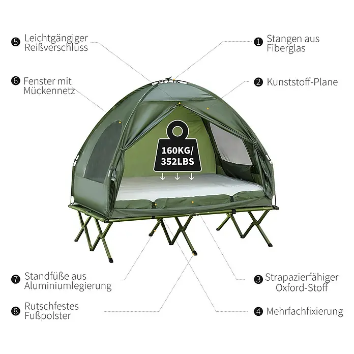 Outsunny Campingliege -  - Grünes Campingbett mit integriertem Zelt aus Oxford-Stoff, Aluminiumrahmen und Moskitonetz, belastbar bis 160 kg.