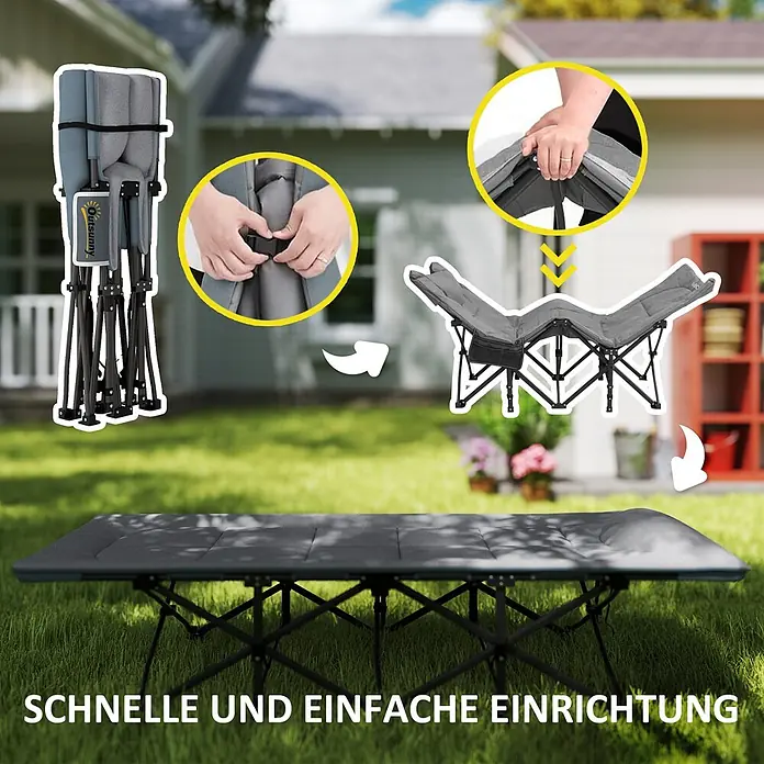 Outsunny Campingliege - Grau, Metall - Graues faltbares Campingbett, in zusammengeklapptem, entfaltetem und vollständig aufgebautem Zustand gezeigt, für schnellen Aufbau.