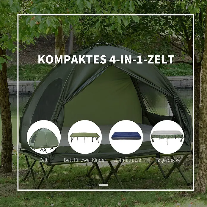 Outsunny Campingliege -  - Grünes 4-in-1 Campingzelt mit Klappbett und Luftmatratze in natürlicher Umgebung.