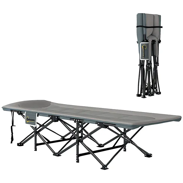 Outsunny Campingliege - Grau, Metall - Graues klappbares Outsunny Feldbett, aufgeklappt und kompakt zusammengefaltet dargestellt, mit schwarzem Metallgestell.