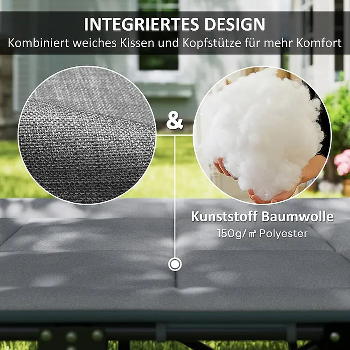 Outsunny Campingliege - Grau, Metall - Nahaufnahme des grauen Outdoor-Kissenstoffs und der weißen Polyesterfüllung, die weichen Komfort veranschaulichen.