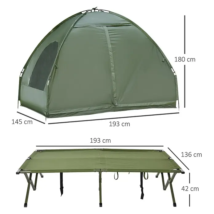 Outsunny Campingliege -  - Olivgrünes Campingzelt (193x145x180cm) und passendes Feldbett (193x136x42cm).