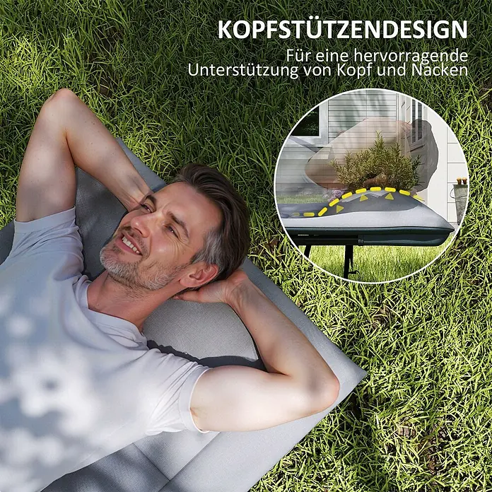 Outsunny Campingliege - Grau, Metall - Graue Liegeauflage mit ergonomischem Kopfstützendesign, bietet hervorragende Kopf- und Nackenunterstützung zur Entspannung.