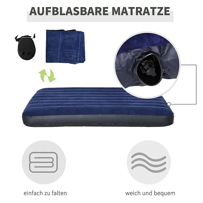 Outsunny Campingliege -  - Blaue aufblasbare Matratze mit Fußpumpe, aufgeblasen, zusammengefaltet und mit Detailansicht des Ventils, betont Komfort und Faltbarkeit.