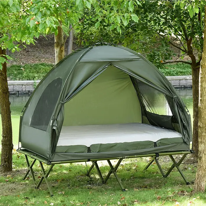 Outsunny Campingliege -  - Ein olivgrünes erhöhtes Campingzelt mit weißer Matratze, im Freien auf einer Wiese aufgebaut.