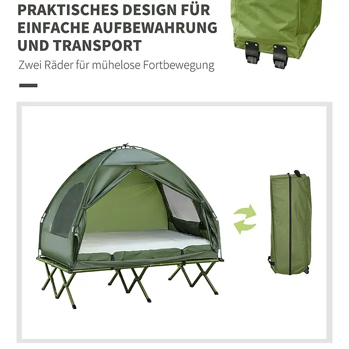 Outsunny Campingliege -  - Grünes Campingzeltbett, aufgebaut und zusammengeklappt in einer Transporttasche mit Rollen für einfache Lagerung und Transport.
