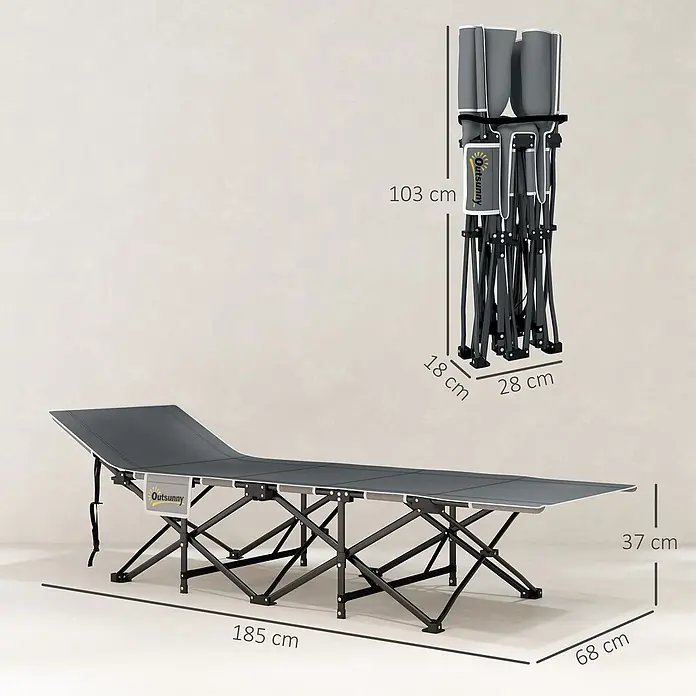 Outsunny Campingliege - Hellgrau, Metall, Klappbar - Klappbares dunkelgraues Feldbett mit schwarzem Rahmen, ausgeklappt (185x68x37 cm) und zusammengeklappt (103x28x18 cm).
